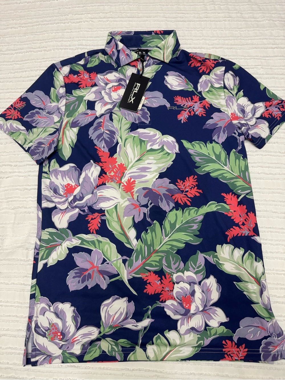 Ralph Lauren Navy Floral Polo with Green Leaves and Lavender Blooms